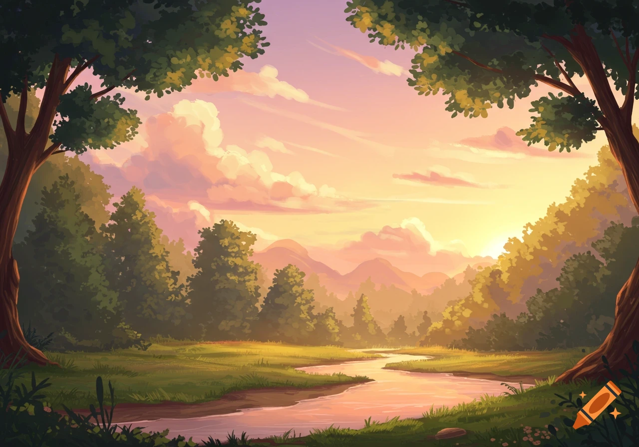 A vibrant cartoon-style landscape at sunset, featuring a winding river, lush trees, and distant mountains under a pink and orange sky.