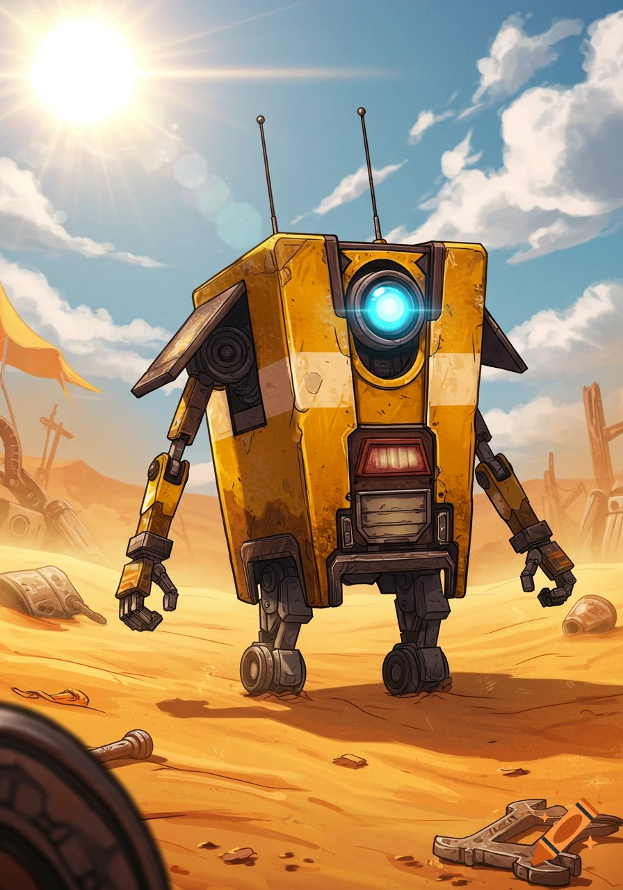 A yellow, box-shaped robot, Claptrap from Borderlands, stands in a stylized desert landscape under a bright sun.