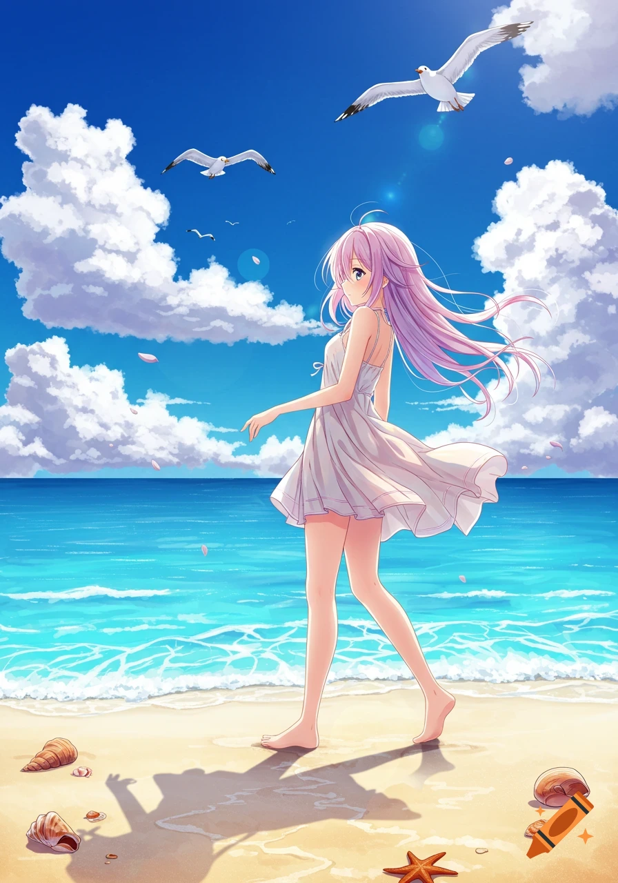 An anime girl with long pink hair walks on a sunny beach with seagulls flying overhead.