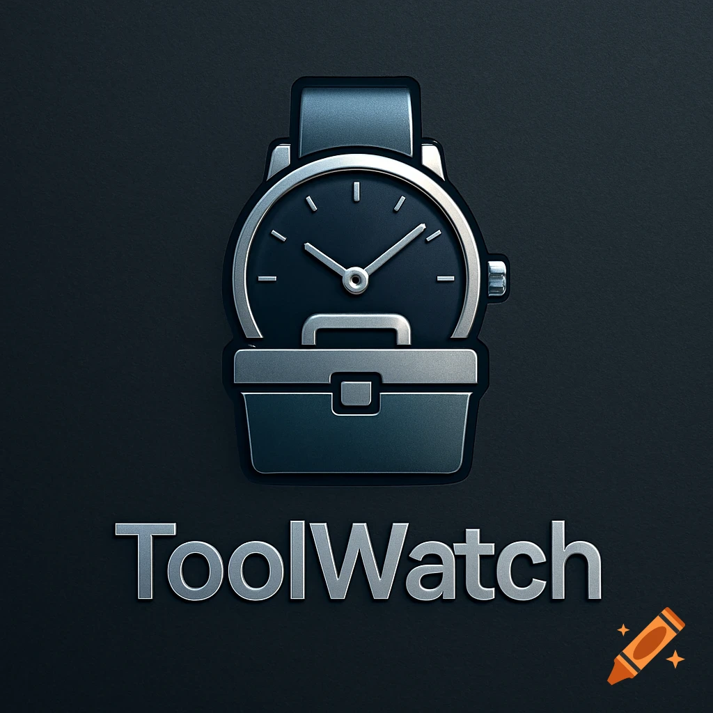 Metallic grey logo with a stylized watch and toolbox, featuring the text 'ToolWatch' on a dark background.