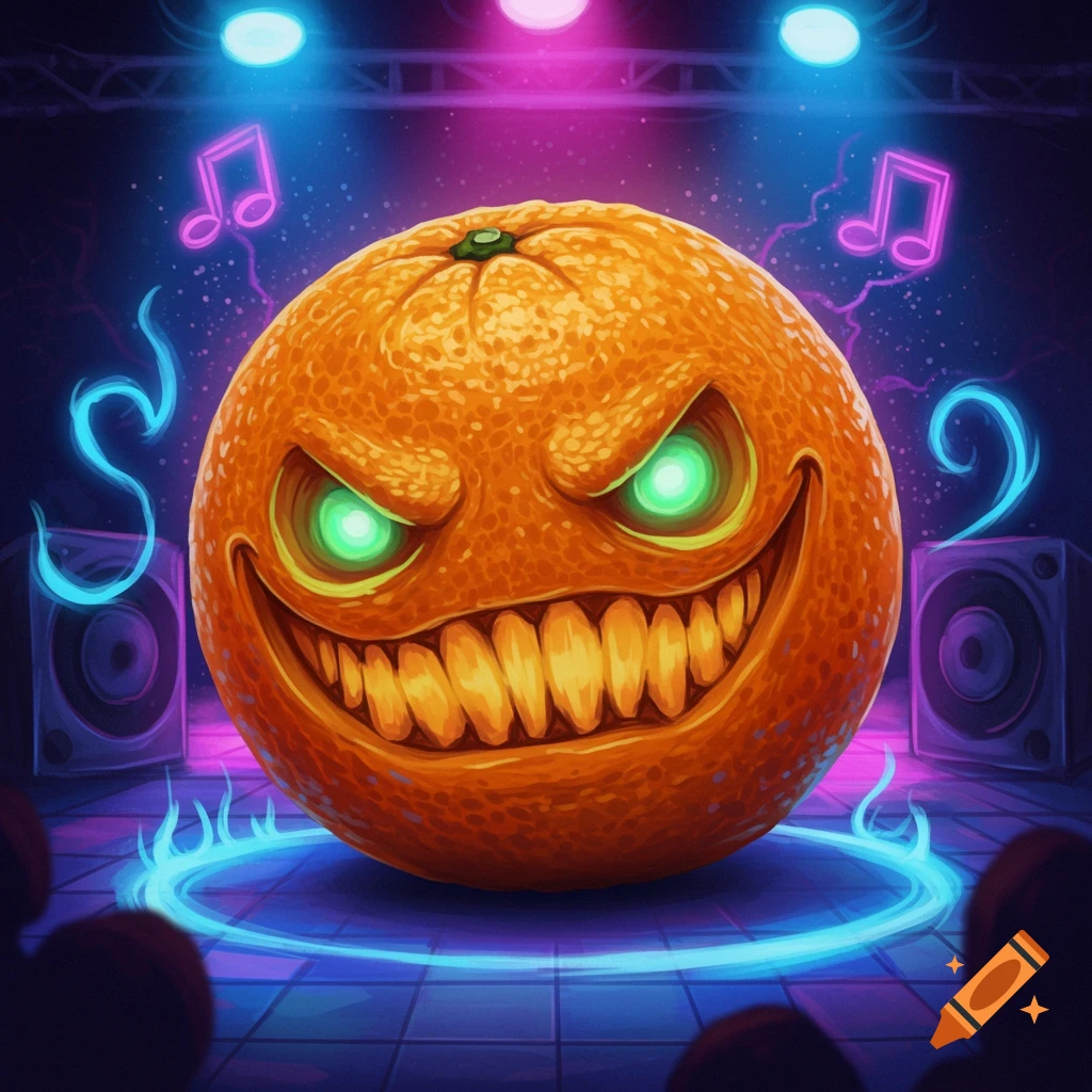A vibrant, stylized cartoon image of a creepy orange with glowing green eyes and sharp teeth on a neon-lit stage with speakers.