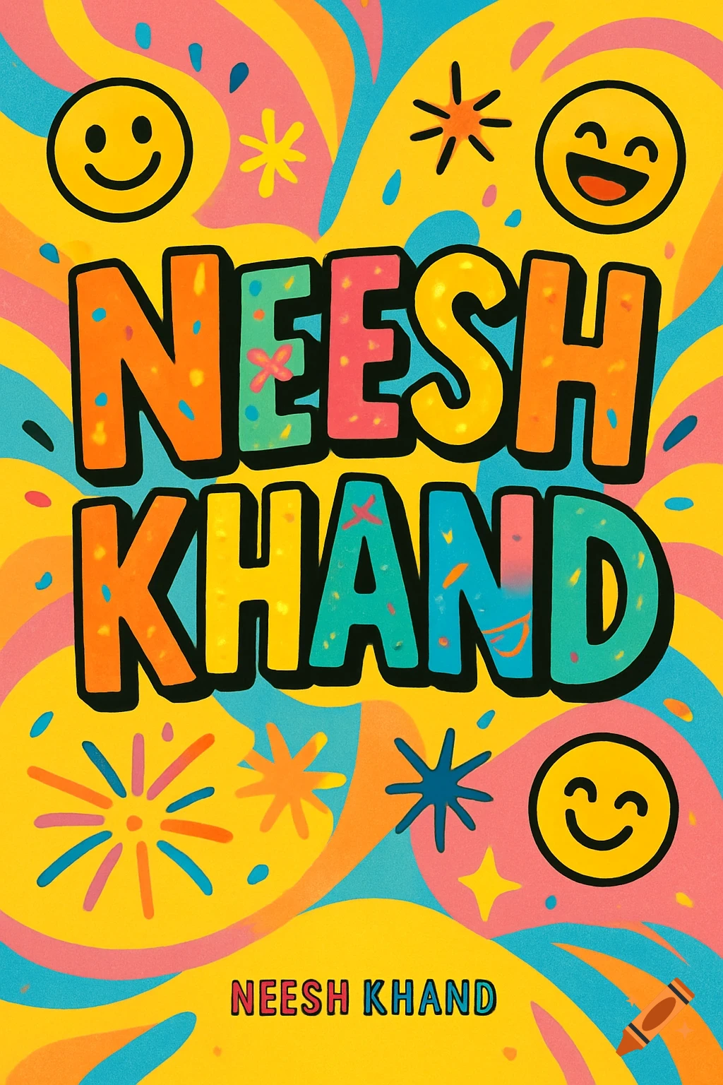A vibrant, colorful poster with the bold text "NEESH KHAND" in orange and teal, surrounded by smiley faces, stars, and abstract wavy patterns.