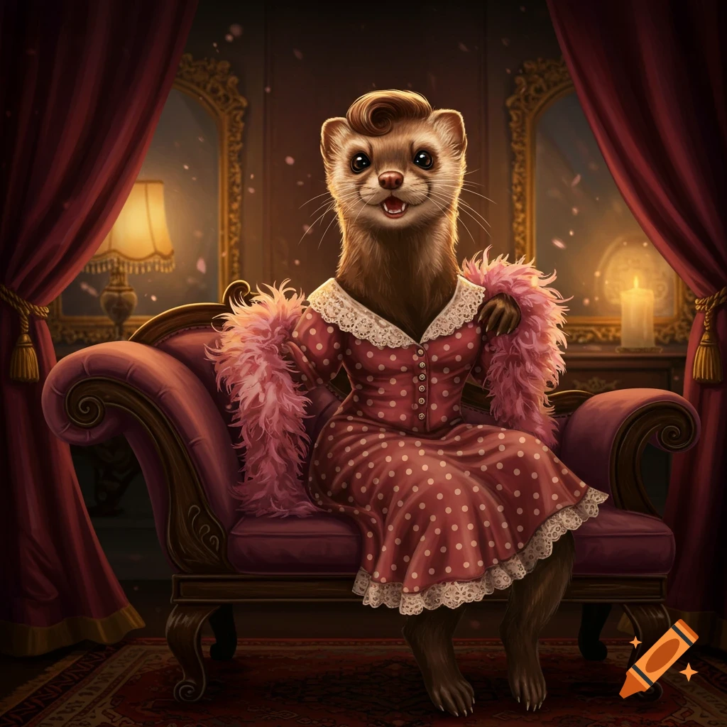 A stylized weasel in a pink polka dot dress and feather boa sits on a purple velvet couch in a dimly lit, ornate room.