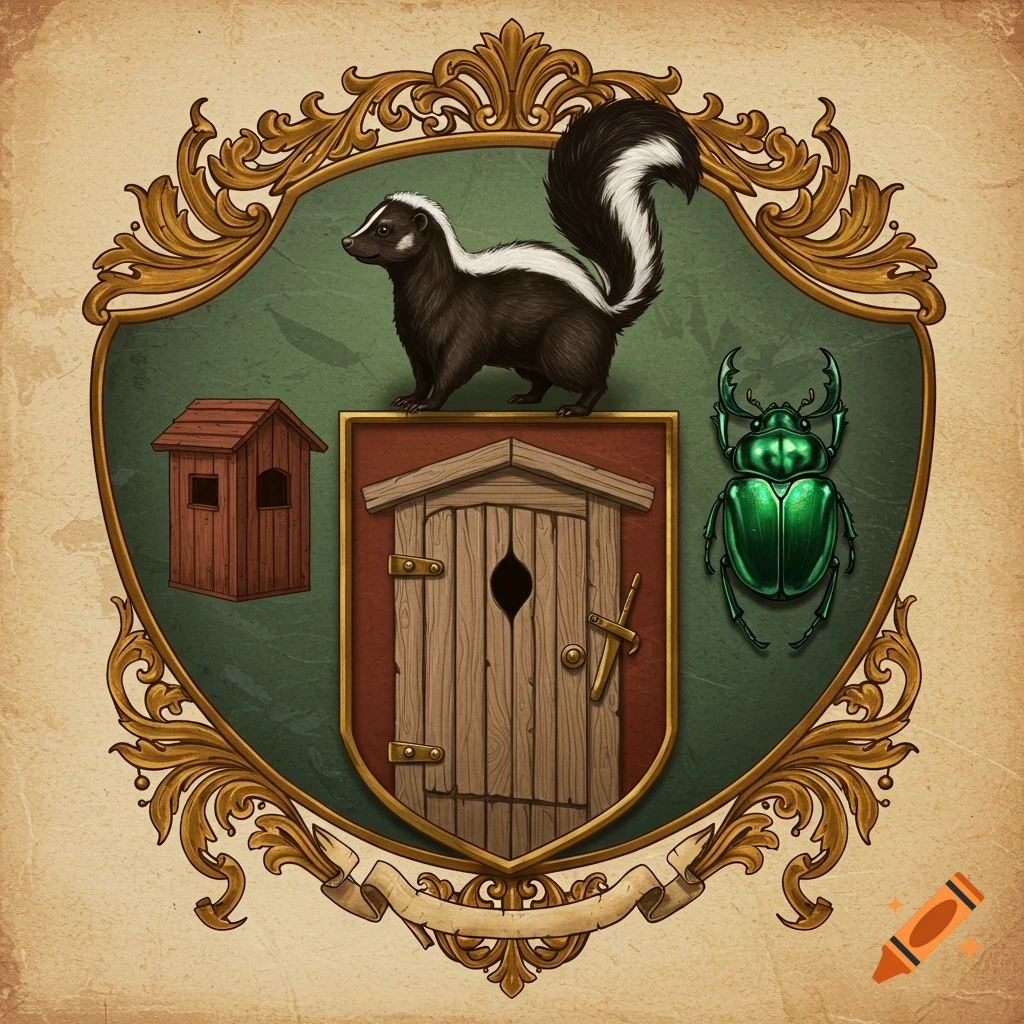 An ornate coat of arms shield featuring a skunk at the top, an outhouse on an inner shield, and a green scarab beetle, rendered in an illustrative style.