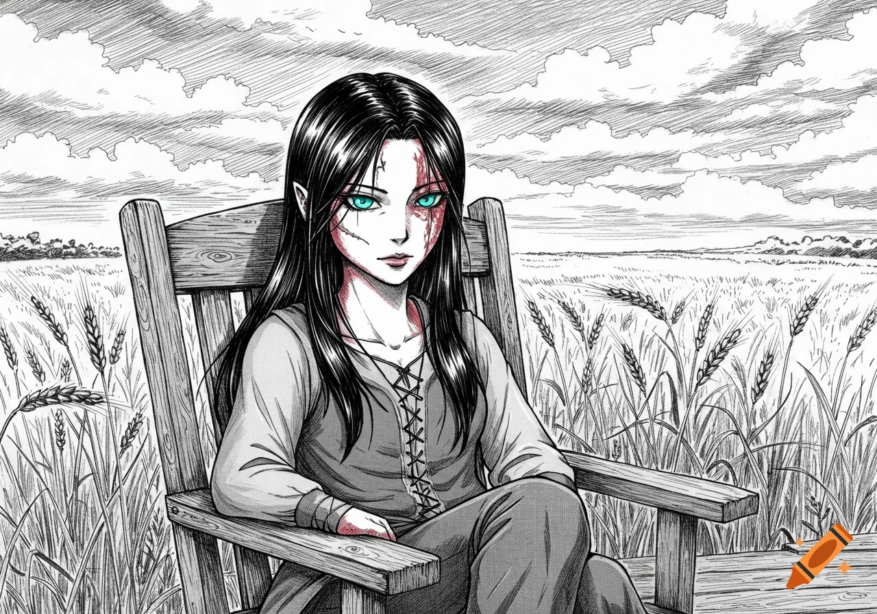 A young woman with long black hair and a facial scar, wearing medieval clothes, sits in a wooden chair in a wheat field in a manga style.