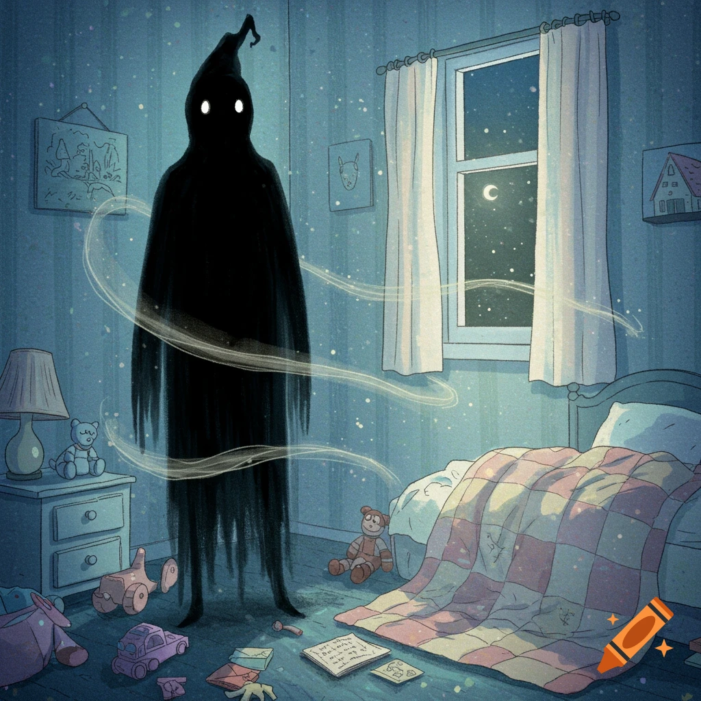 A tall, dark shadowy figure with glowing eyes stands in a child's bedroom at night, with toys on the floor, in an illustrated style.