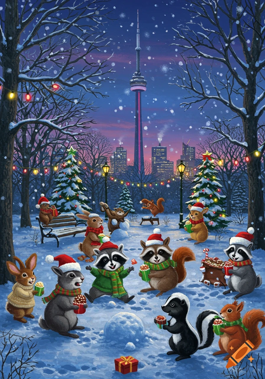 Colorful illustration of cute animals celebrating Christmas in a snowy park with Toronto's CN Tower in the background.