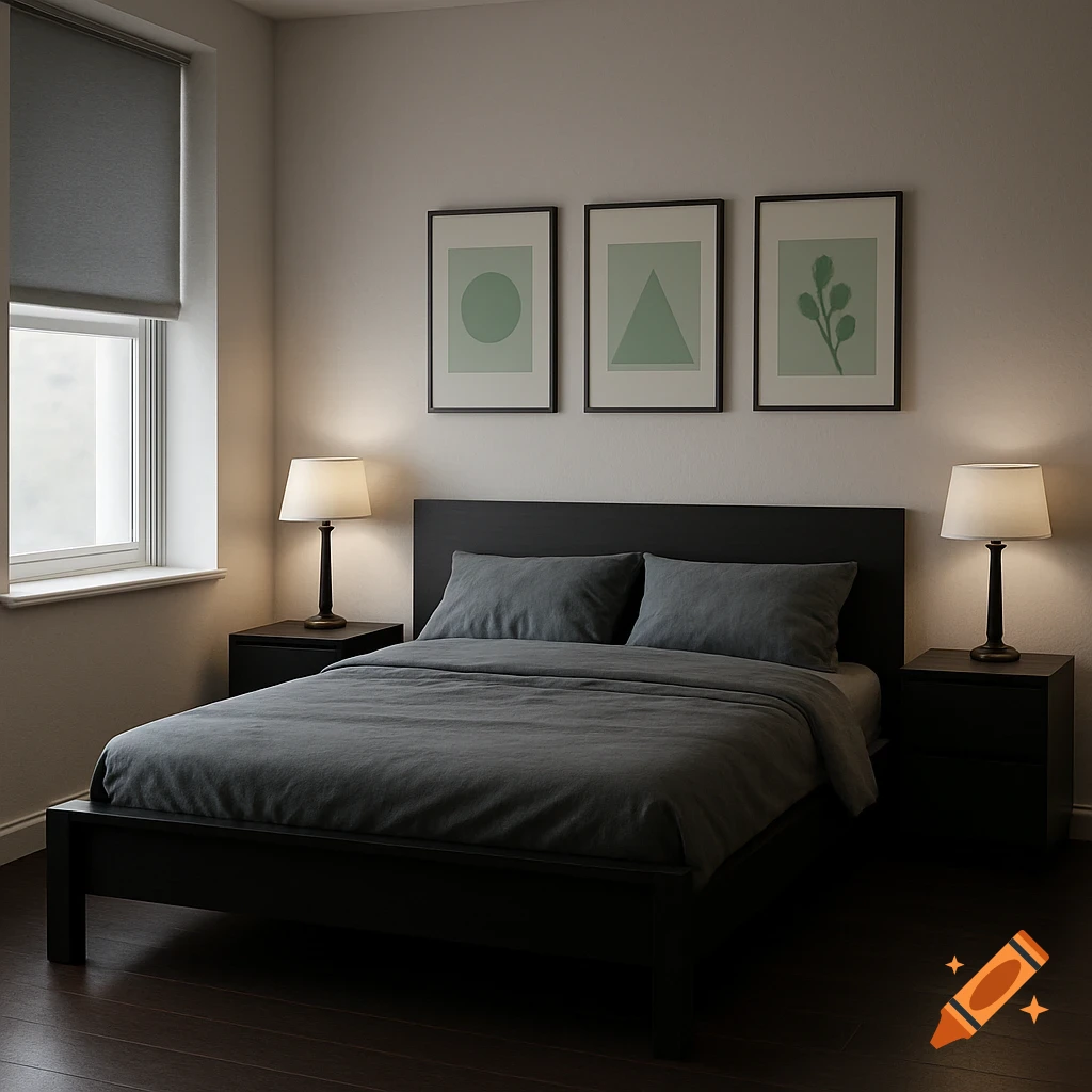 A dimly lit modern bedroom with a black bed and nightstands, grey bedding, and three framed minimalist art prints above the bed. A window with roller blinds is on the left, and two lamps illuminate the space.