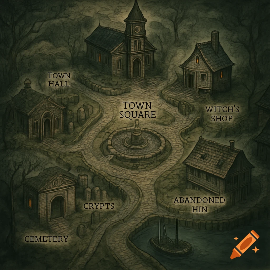 A dark, atmospheric map of Eldridge Hollow showing a town square with a fountain, church, witch's shop, abandoned inn, crypts, and cemetery.