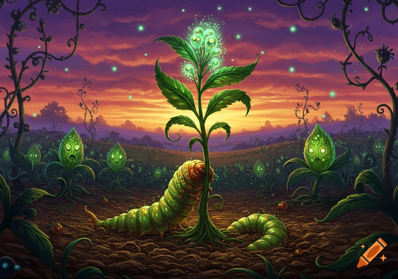 A large green caterpillar embraces a glowing plant in a field of alien-like plants with glowing eyes under a vibrant sunset sky.