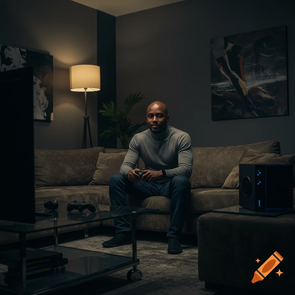 Photorealistic image of a bald Black man in a grey turtleneck holding a game controller on a couch in a dimly lit living room.