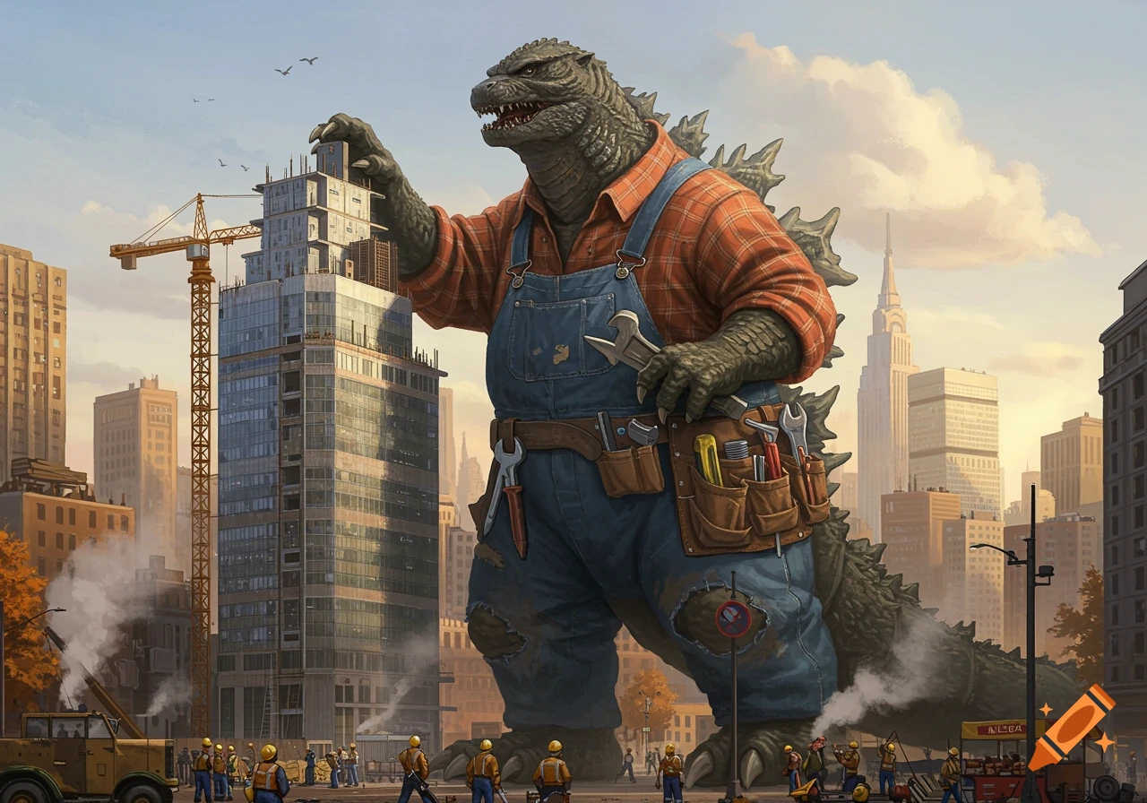 A giant Godzilla wearing a plaid shirt and overalls works as a tradesman on a skyscraper in a busy city, holding tools.