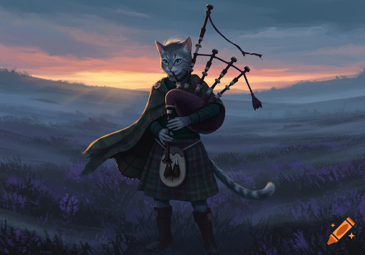 An anthropomorphic gray cat playing bagpipes in a field of purple flowers at sunset. Digital painting.