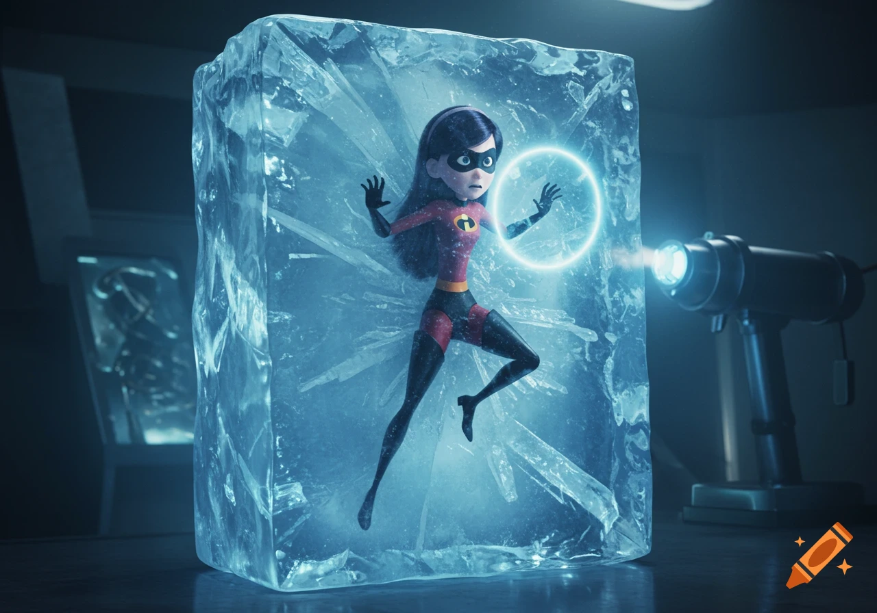 Violet from The Incredibles, a superheroine, is frozen inside a large block of ice with a glowing blue energy circle around her hands, while a freeze ray gun points at her.