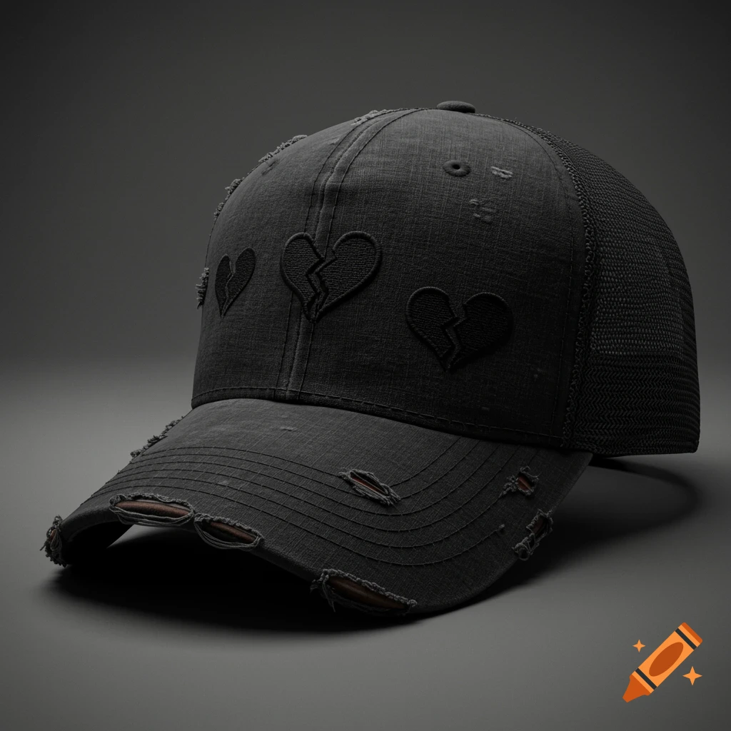 A dark black distressed trucker's cap with three broken heart emblems on the front.