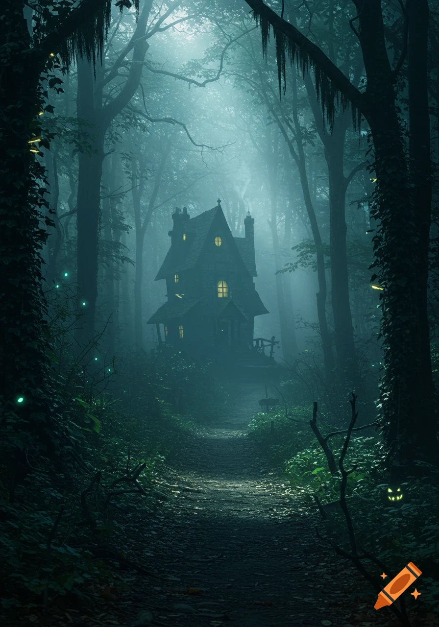 A winding path leads through a dark, foggy forest to an old witch's cottage with glowing windows. Mysterious eyes glow in the shadows.