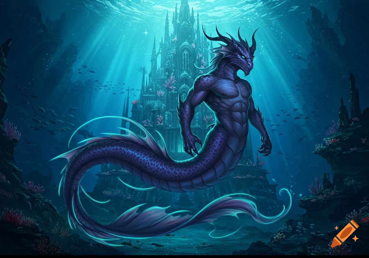 A muscular purple draconic merman with horns swims in a vibrant blue underwater world with an intricate castle in the background.