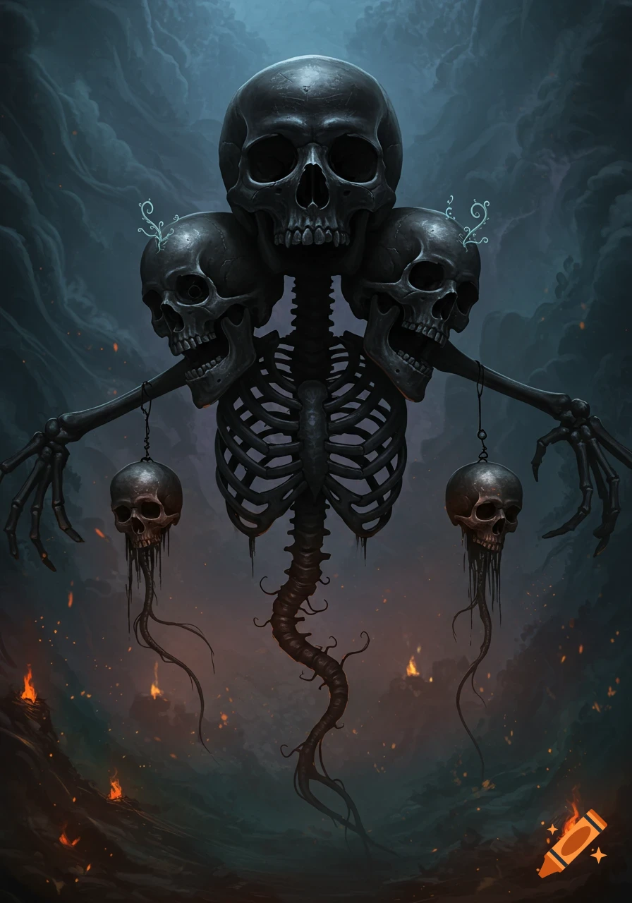 A giant, floating, three-headed black skeleton with dangling skulls and a long, twisted spine hovers over a fiery, smoky landscape.