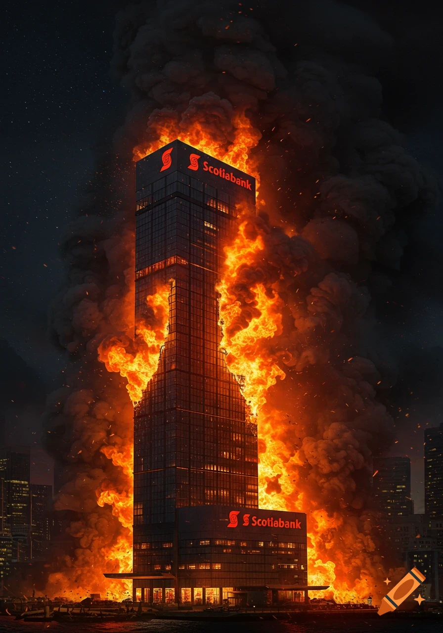 A tall Scotiabank skyscraper is engulfed in flames and thick smoke against a dark night sky in a city.