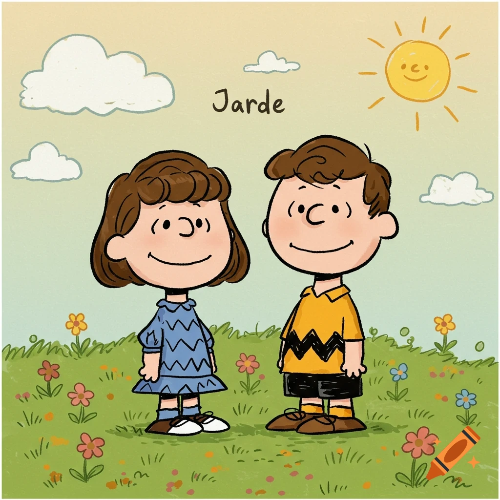A cartoon of Lucy and Charlie Brown from Peanuts standing in a grassy field with flowers, under a sunny sky with clouds. The word "Jarde" is written above them.