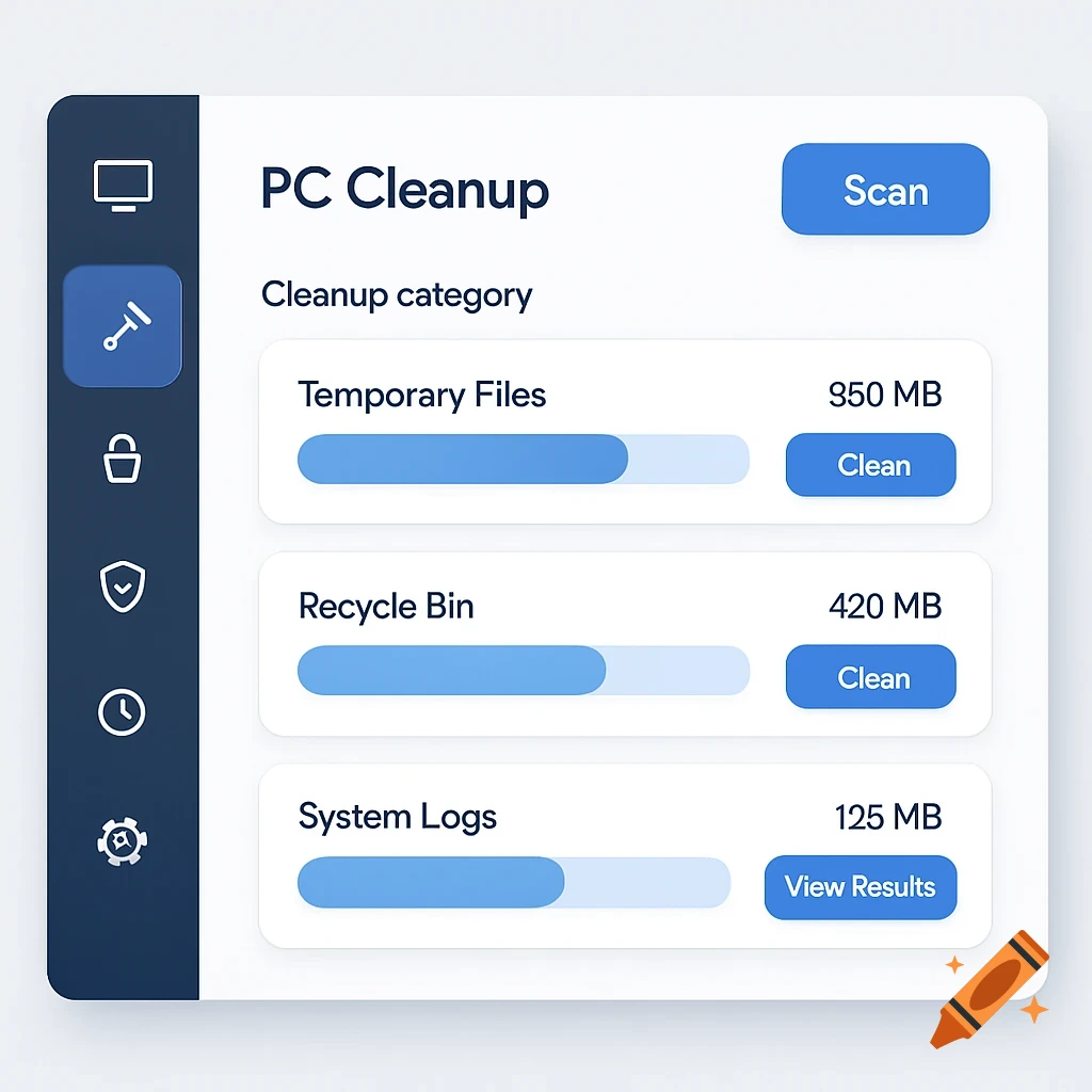 A sleek and modern PC cleanup application dashboard UI with categories like Temporary Files, Recycle Bin, and System Logs.