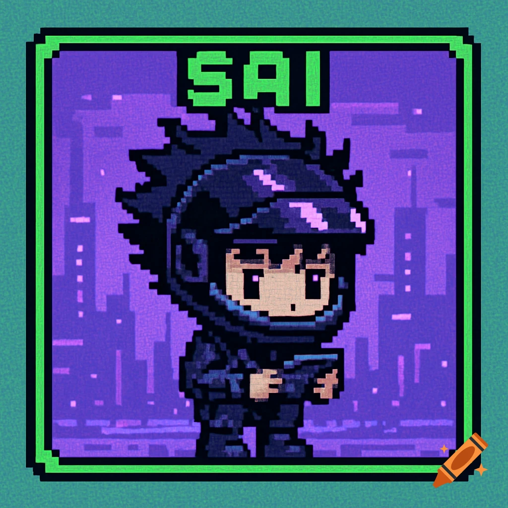 8-bit pixel art of a chibi boy in a motorcycle helmet, holding a device, with a purple cyberpunk city background and green border. The name 'SAI' is at the top.