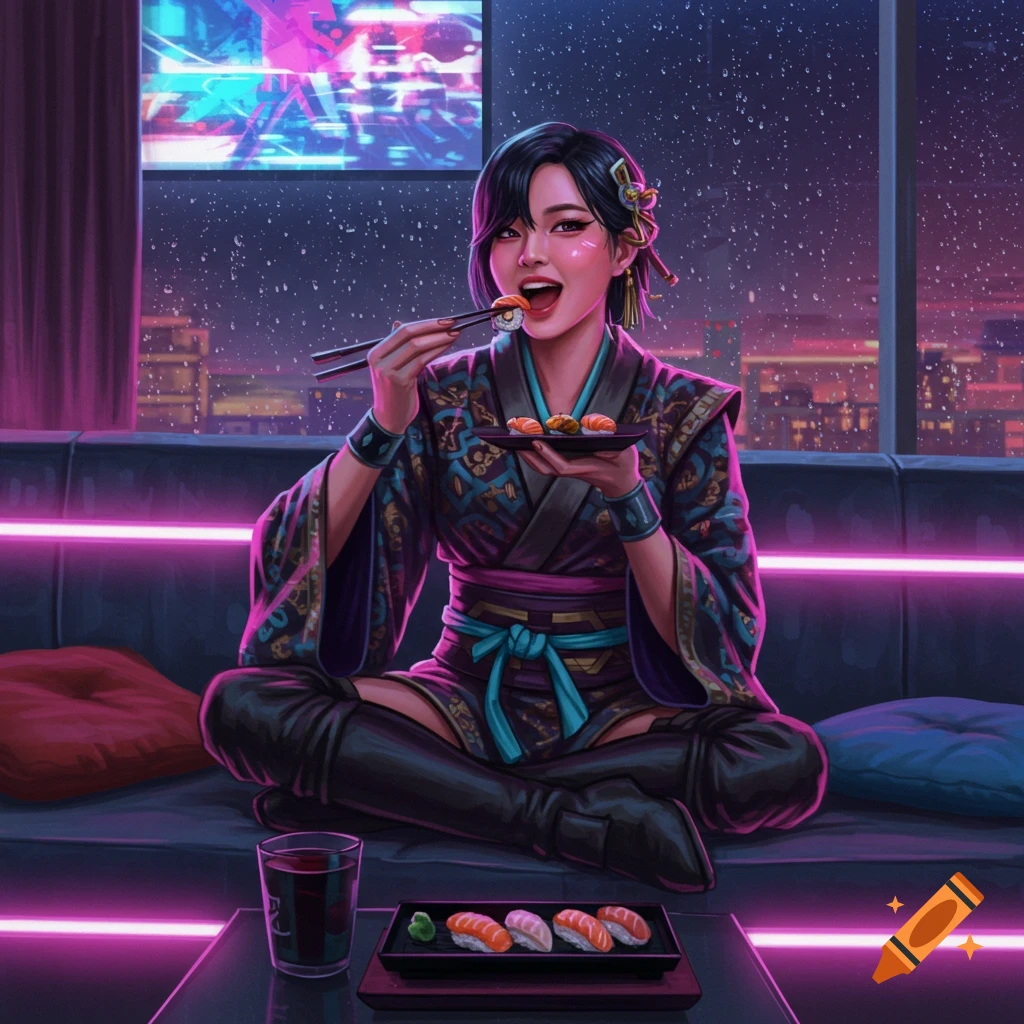 Anime woman in a kimono eating sushi on a couch, overlooking a neon cyberpunk city at night.