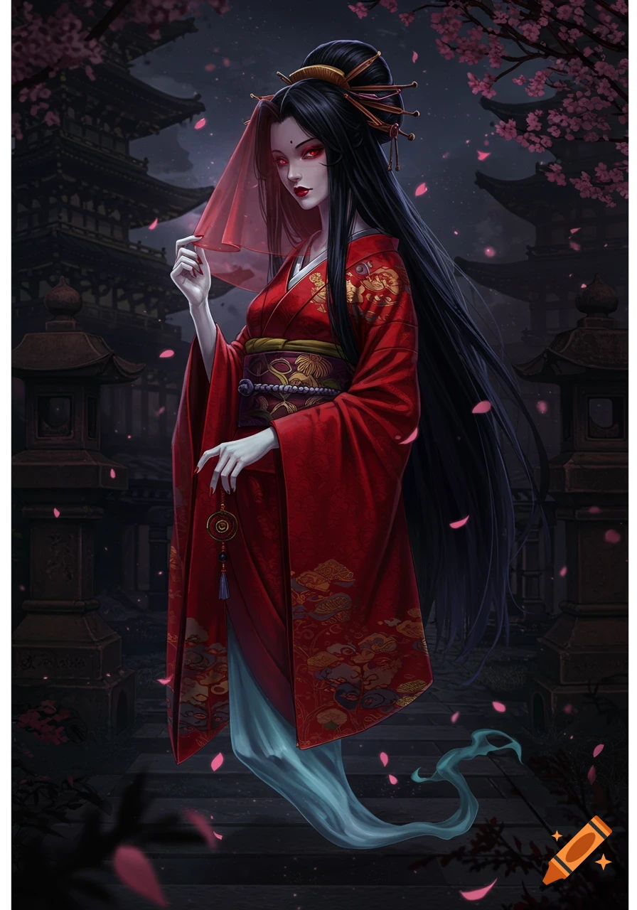 Anime style ghost woman in red kimono with long black hair and red eyes, standing at night in front of a Japanese temple with cherry blossoms.