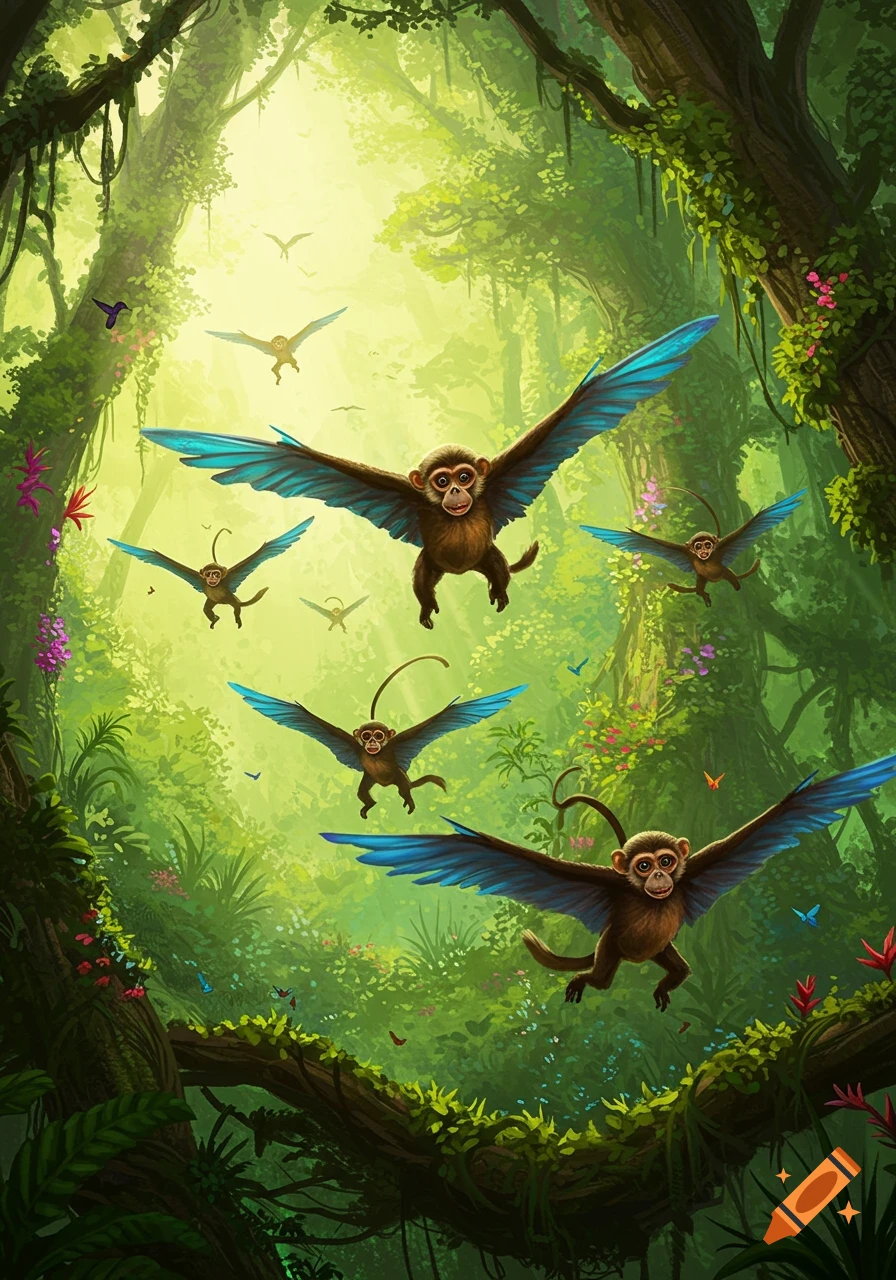 Several winged monkeys fly through a brightly lit, lush green jungle canopy.
