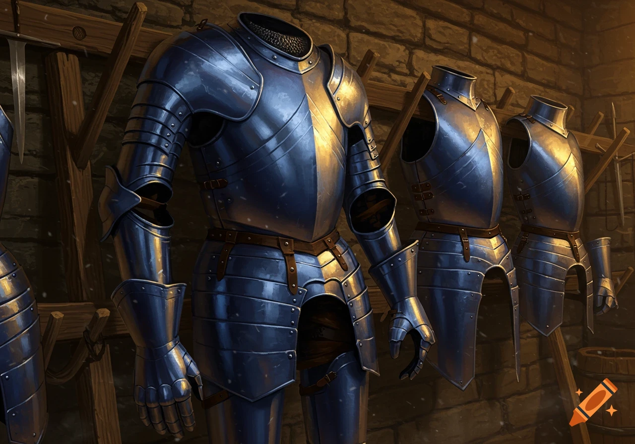Several blue metal suits of armor hanging on wooden racks in a dimly lit armory.