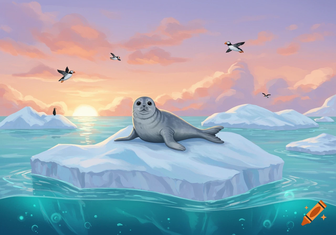 A cute gray seal lies on a large iceberg in a turquoise ocean, with flying puffins and a sunset over distant icebergs.