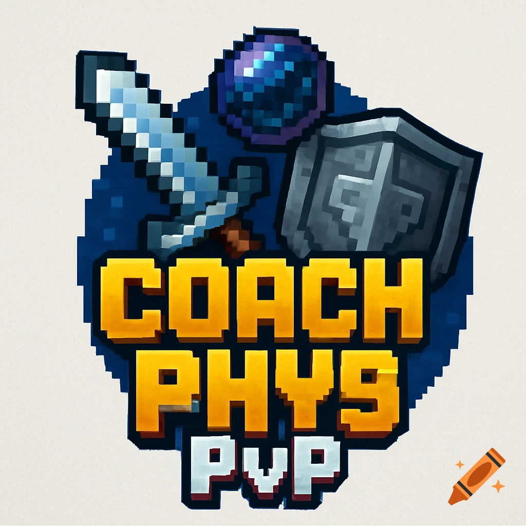 Pixel art gaming logo with a silver sword, gray shield, purple Ender Pearl, and bold text 'Coach Rhys PvP' on a dark blue pixelated background.
