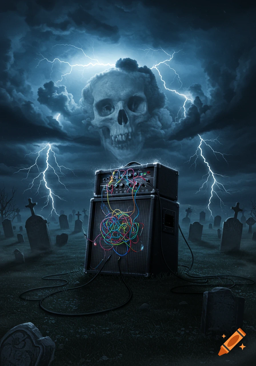 A skull-shaped cloud in a stormy sky with lightning over a graveyard. An electric guitar amplifier with colorful wires sits in the foreground.