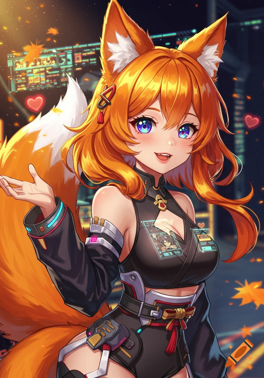 An anime fox girl with orange hair, blue eyes, and large ears in a black futuristic outfit, standing in a night cityscape.