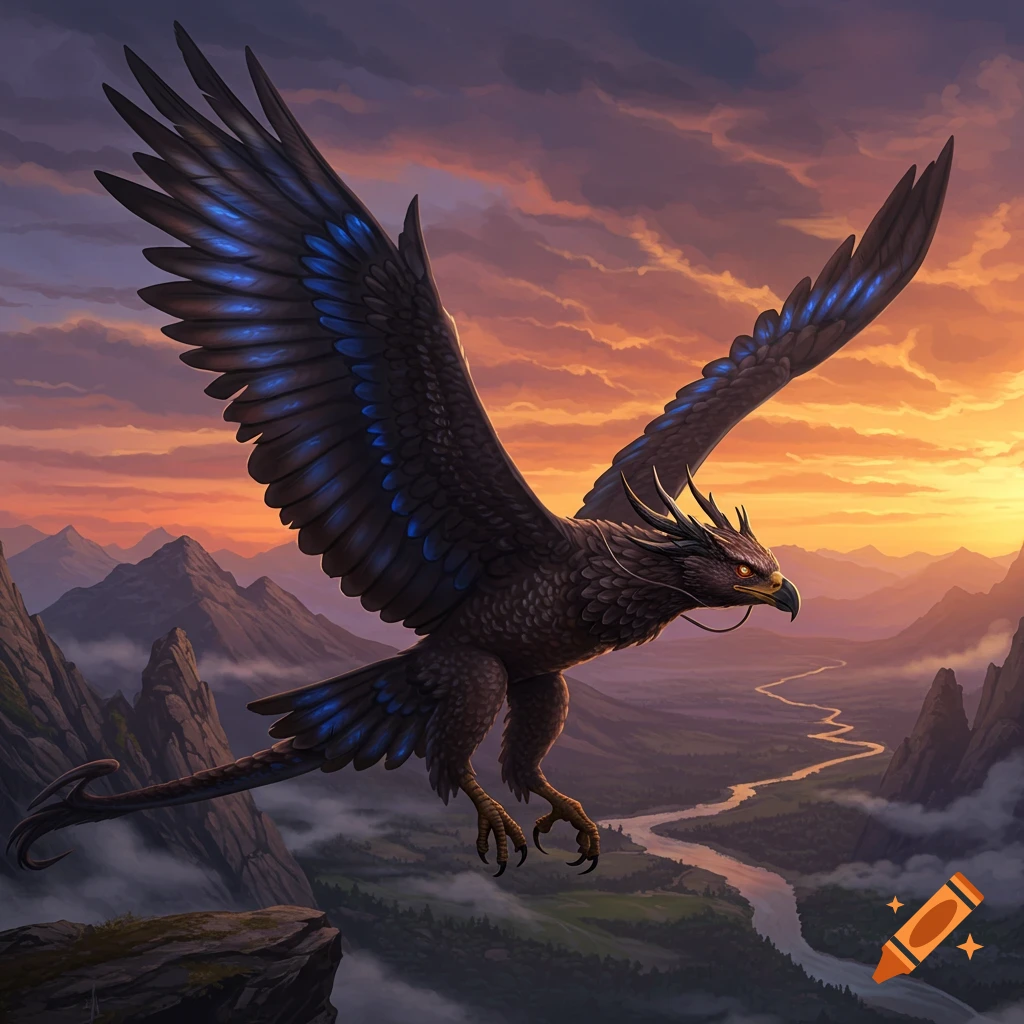 A majestic black fantasy creature, part eagle, part dragon, with glowing blue feathers, soars over a vast mountain valley at sunset.