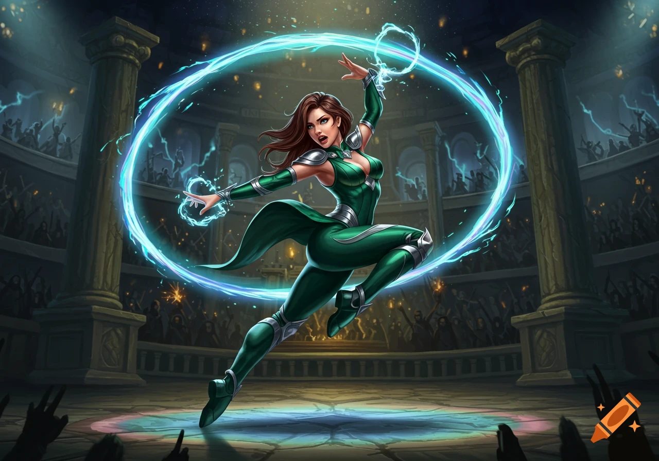 A female sorceress in a green and silver outfit, surrounded by a glowing blue magical ring, stands in an arena before a crowd.