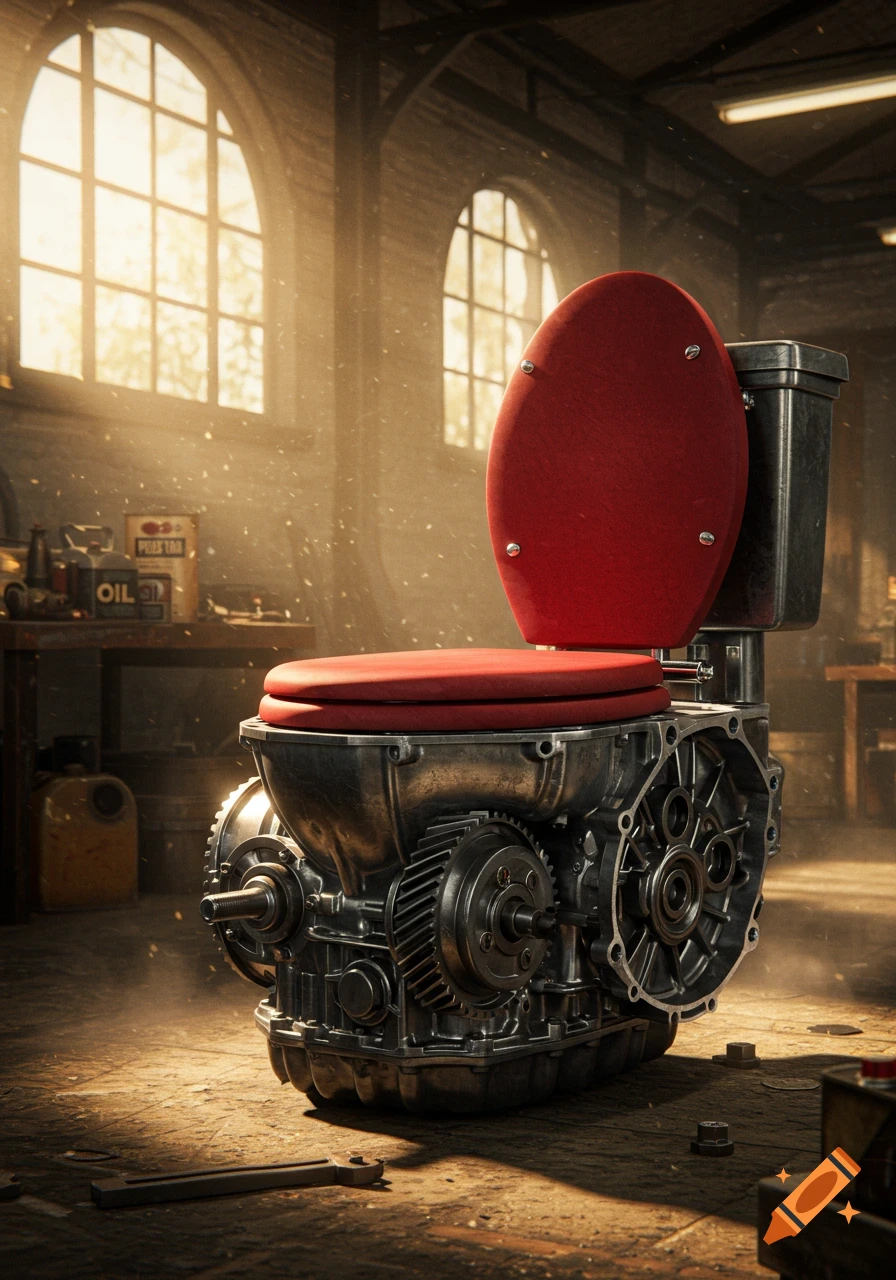 A toilet made from a car engine and transmission parts, with a red seat, sitting in a dusty, sunlit garage.