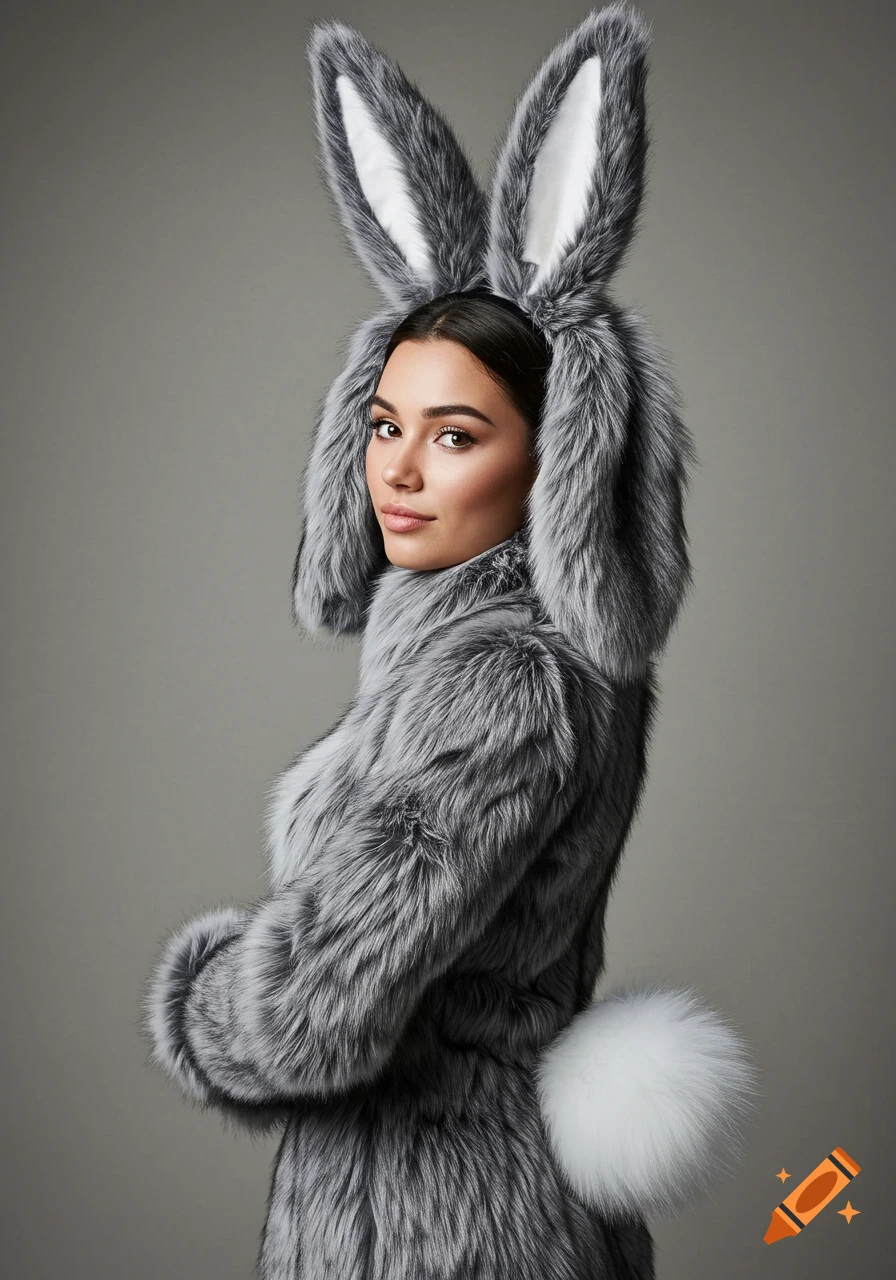 Photorealistic portrait of a woman in a grey bunny fursuit with large ears and a white tail against a neutral background.