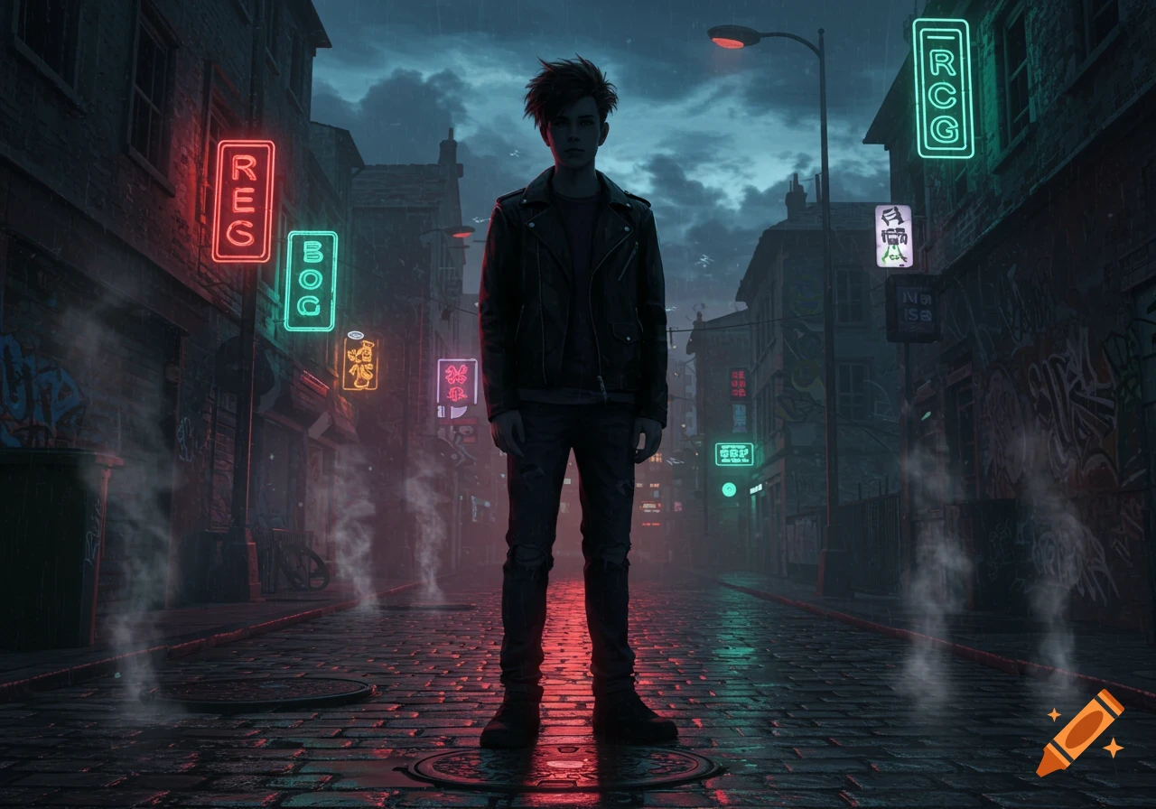 A young man stands in the middle of a dark, rainy alleyway illuminated by colorful neon signs at night.