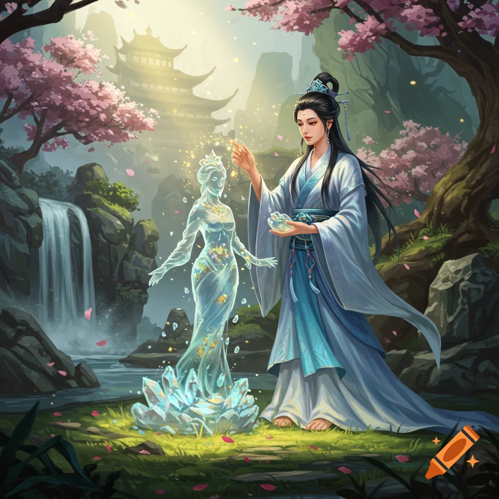 A woman in traditional Chinese attire creates a glowing, translucent figure of a woman from water and crystals in a mystical landscape.