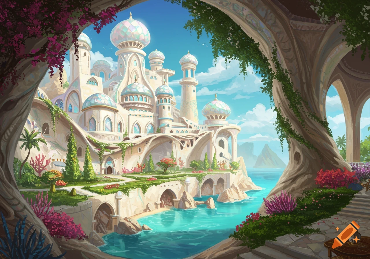 A fantasy palace with intricate domes on a turquoise coast, framed by large gnarled trees and vibrant gardens.