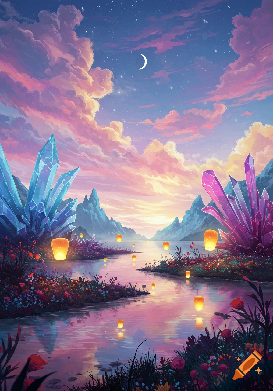 Vibrant fantasy landscape at twilight with a river, glowing blue and purple crystals, flowers, and orange lanterns under a starry, pink sky.