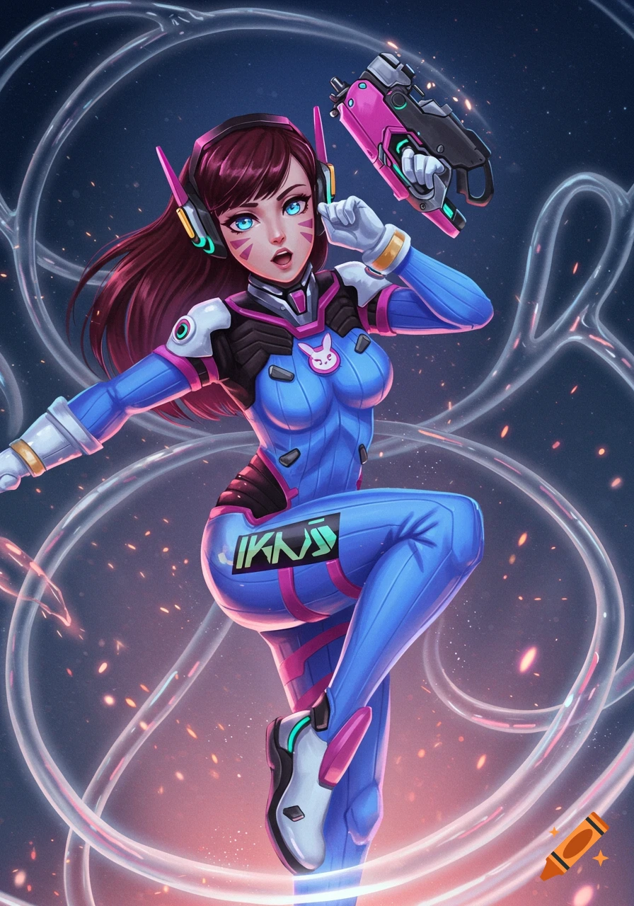 D.Va from Overwatch in her blue and pink suit, striking a dynamic pose while holding a weapon, against a futuristic background.