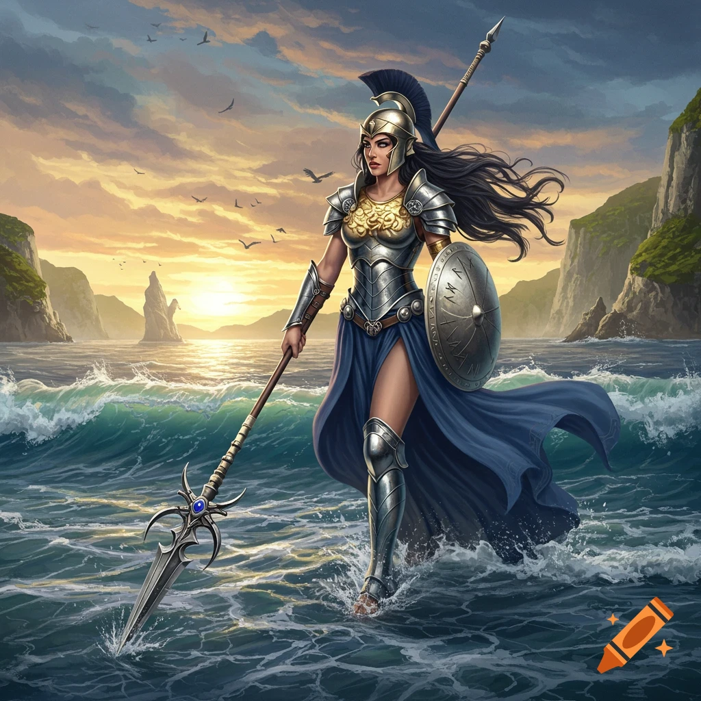 Athena, goddess of wisdom, in golden and silver armor, holding a spear and shield, walking through ocean waves at sunset.