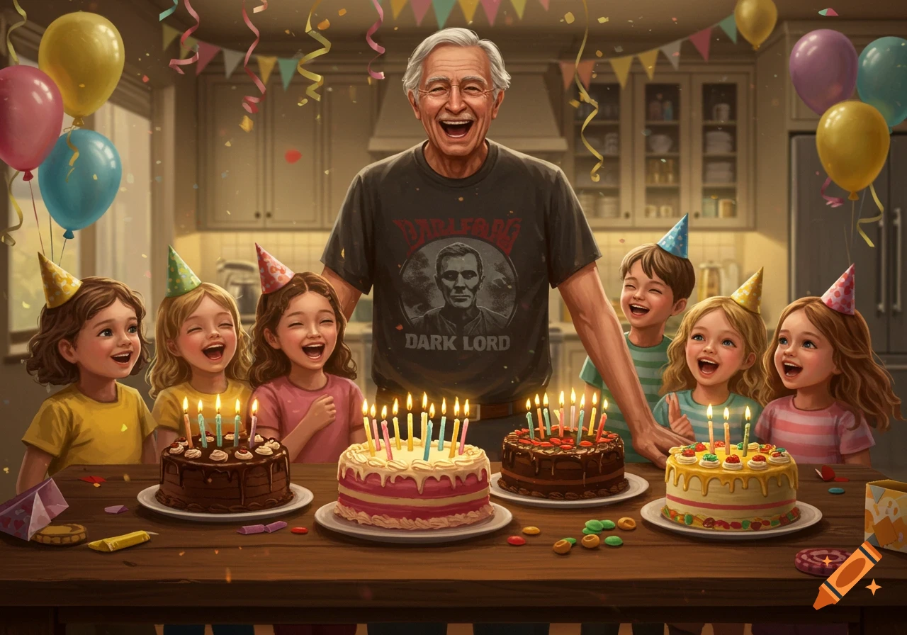 A smiling old man in a 'DARK LORD' t-shirt stands behind three birthday cakes with lit candles, surrounded by several laughing young children wearing party hats, in a kitchen setting.