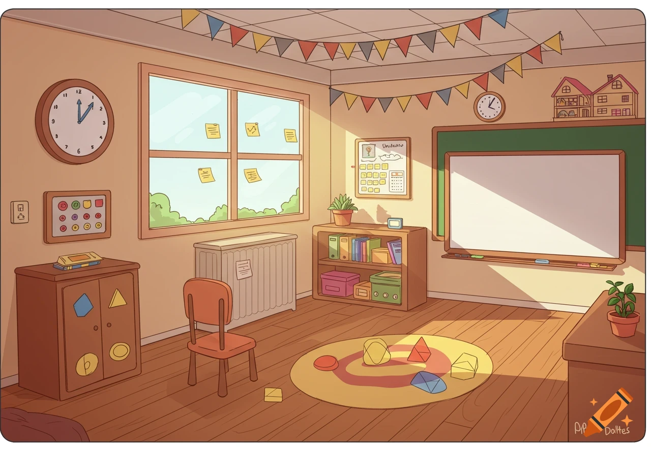 A bright, cheerful cartoon-style classroom for young children with a whiteboard, clocks, a rug with shapes, and a window with sticky notes.