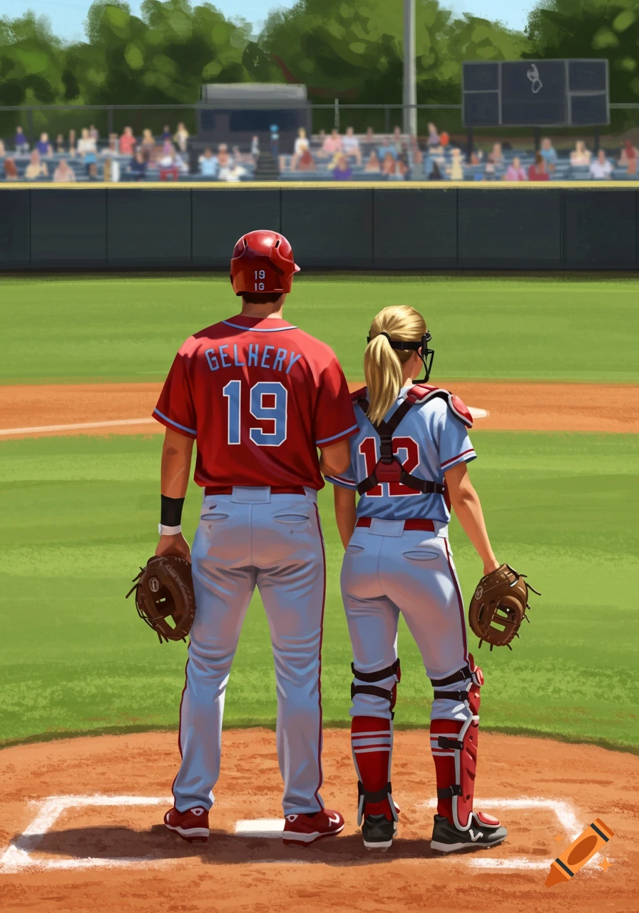 A male baseball player and a female softball player in catcher's gear stand on a baseball field with their backs to the viewer.