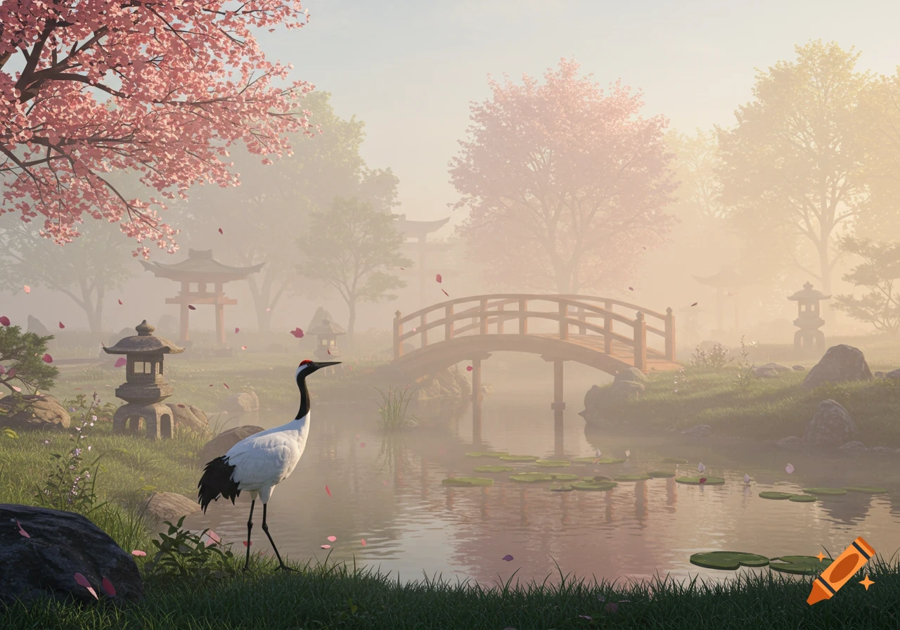 A crane stands by a pond in a misty Japanese garden with pink cherry blossoms and a wooden bridge.