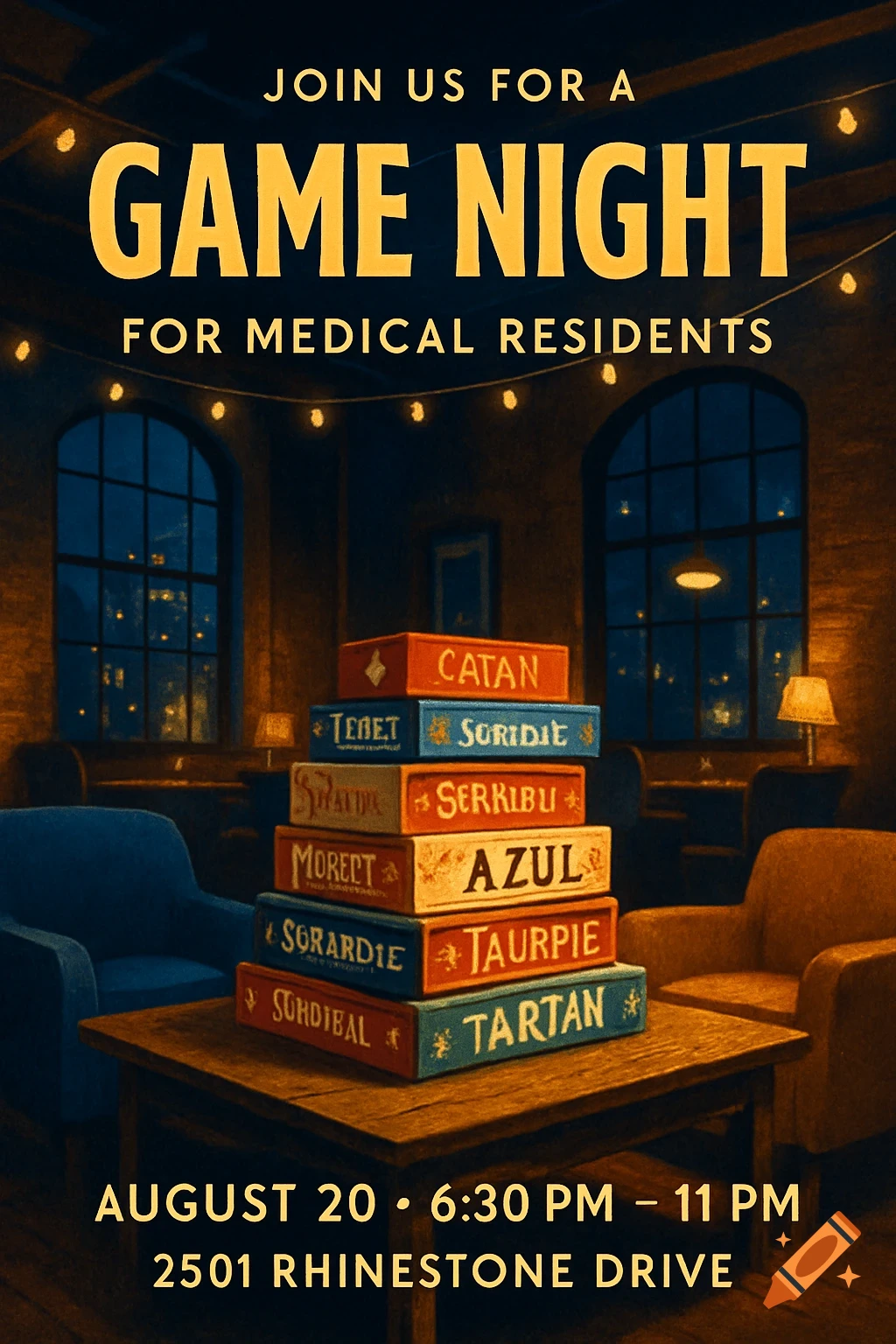 A stylized poster for a game night featuring a stack of board games on a table in a cozy, dimly lit room with string lights and arched windows.