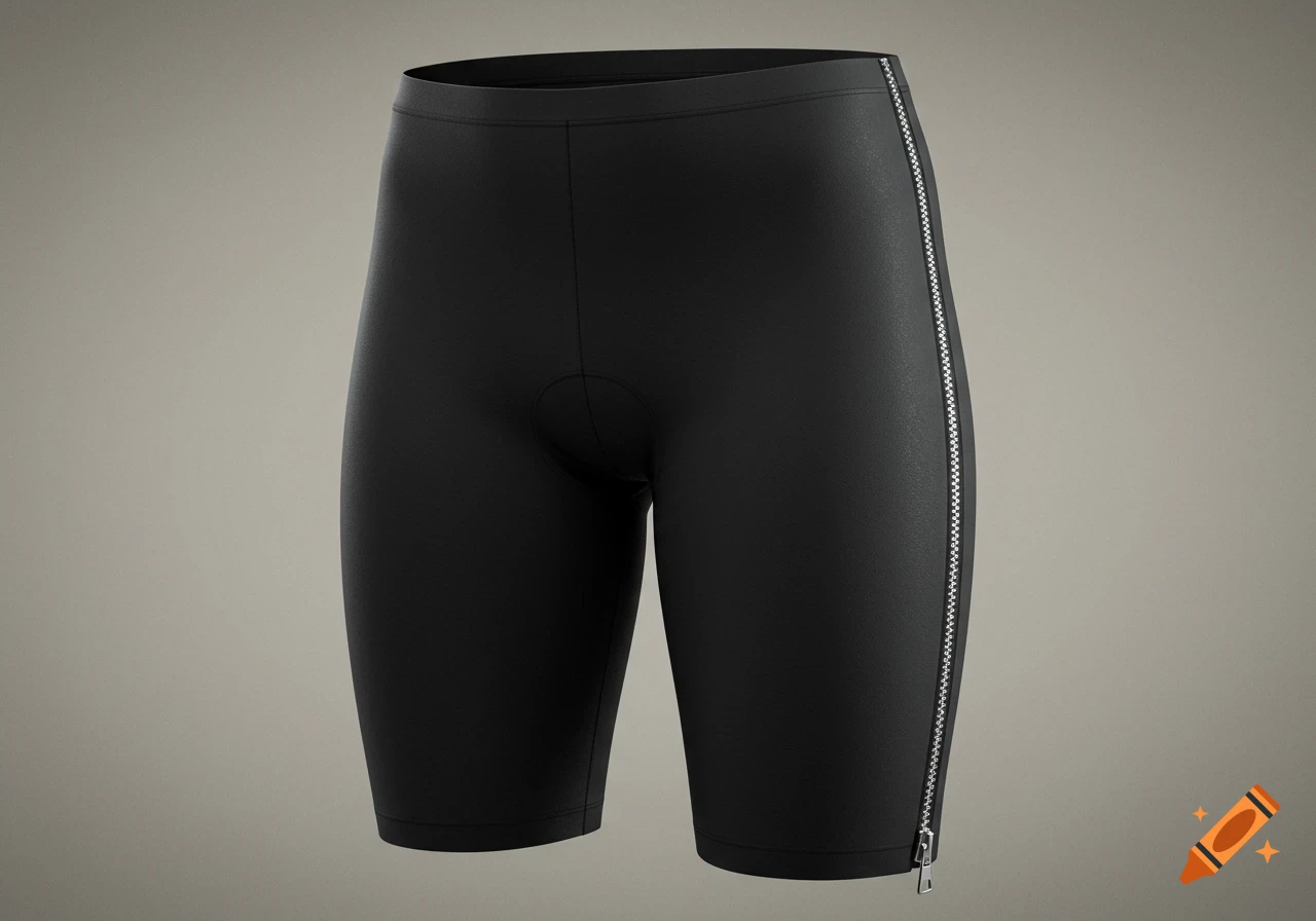 Black bike shorts with a silver zipper down the side, rendered photorealistically.